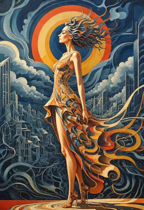 linquivera, woman wearing city in architectural style inspired by sun, in extravagant pose, in Bauhaus style