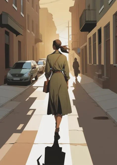 1 female, walking down the street
Dutch angle
olive and brown
gradient
shadow
dramatic lighting
(artwork in the style of Sam Bosma Meobius :1.5)
