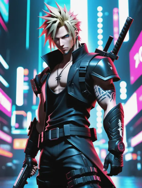 Techwear fashion, realistic cyberpunk style photo of Cloud Strife (Final Fantasy VII) as a assassin is holding hand gun with face tattoos, ready to fire the gun, BREAK
assassin is wearing a neon tech armor, wires and cables are connected to the assassin head and body,
assassin Millennial Pink ghost appearance neon tech armor is transparent fading digital dissolving into streams of neon number, BREAK
The background is outsode of cyberpunk neon building, daytime, long distance shot, fisheye view, from above shot, high-tech sense atmosphere, (full body:1.331)sfw <lora:add-detail-xl:0.5>, Futuristic, cyberpunk, urban, tactical, sleek, dark, highly detailed