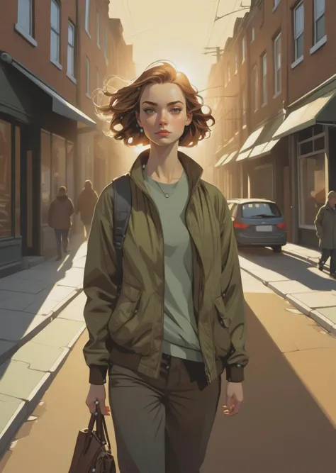 1 female, walking down the street
Dutch angle
detailed face
olive and brown
gradient
shadow
dramatic lighting
(artwork in the style of Sam Bosma Meobius :1.5)