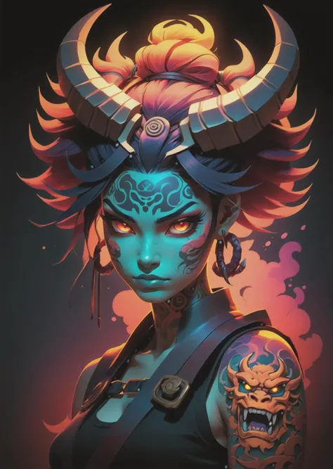 1 female,
oni tattoo
sleeveless
colorful
gradient
shadow
dramatic lighting
(artwork in the style of Meobius Sam Bosma :1.5)