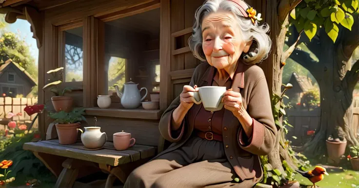 (eye level:1.1) portrait of an old confused lady, (blowing on too hot coffee:1.3) (with right hand:1.3)) outside before reading the newspaper peacefully, (smiling at crows:1.1) ,(carving one happy crow with left hand:1.35),sitting on a swing attached to an old oak tree branch growing through the tree-house window, in the flowered back garden of her cracking little house, attack pose, garden outfit, (plants in a barrow:1.3), tree stumps,shovel, surrounded by hens, mini shovel, ultra detailed big garden, morning winter light,realistic,god rays,intricate depth of field,(stop motion style:1.3),cinematic,epic,