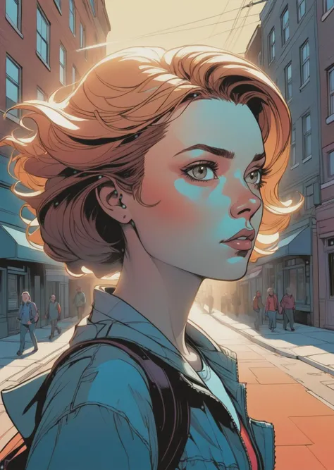 1 female, walking down the street
Dutch angle
detailed face
illustration, texture, comic
gradient
shadow
dramatic lighting
(artwork in the style of Sam Bosma Meobius :1.5)