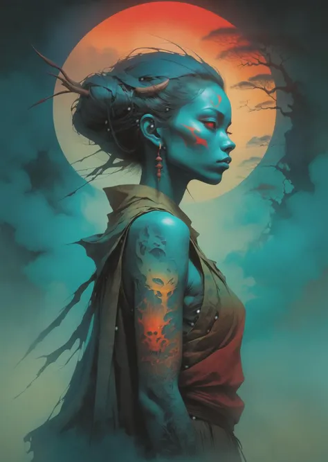 1 female,
oni tattoo
sleeveless
colorful
gradient
shadow
dramatic lighting
(artwork in the style of Meobius Sam Bosma Zdzislaw Beksinski :1.5)