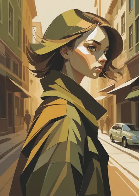 1 female, walking down the street
Dutch angle
detailed face
olive and brown
illustration, texture, abstract
gradient
shadow
dramatic lighting
(artwork in the style of Sam Bosma Meobius :1.5)