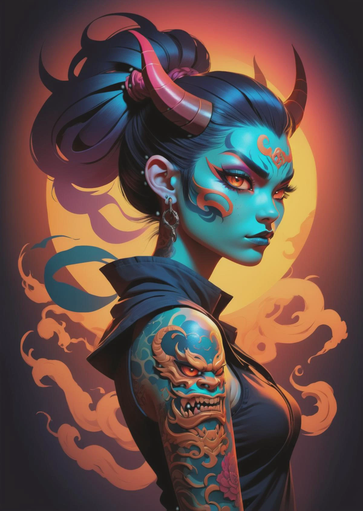 1 female,
oni tattoo
sleeveless
colorful
gradient
shadow
dramatic lighting
(artwork in the style of Meobius Sam Bosma:1.5)