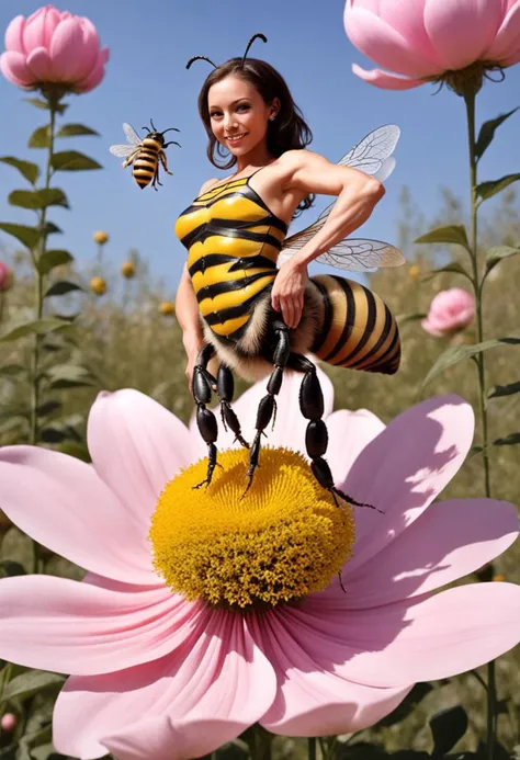 Amandurr style, centaur bee, on giant flower in flexible pose
