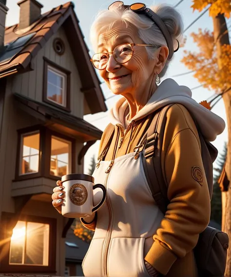 (low angle:1.1) photograph of an old lady, took her hot mug outside,smiling at squirrels ,aiming squirrels with pan, in front of her cracking little house, gangsta pose, mechanical outfit, light and cables, ultra detailed big glasses, golden hour,sunrise,epic,intricate,cinematic