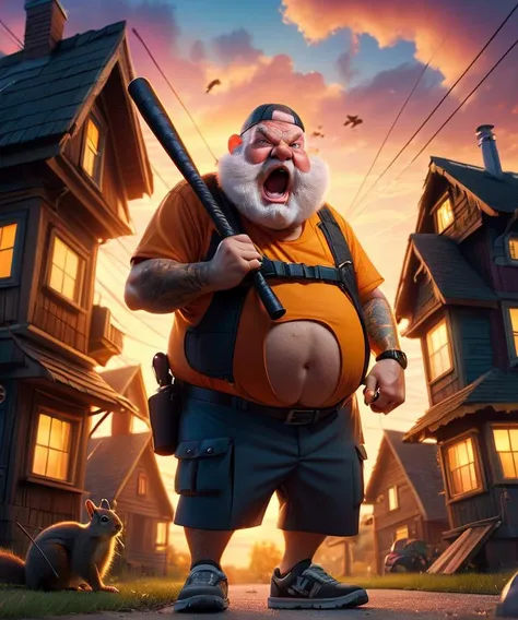close up portrait of an old fat man is yelling at squirrels,aiming baseball bat at viewer, in front of her little house, gangsta pose, mechanical shredded outfit, light and cables, ultra detailed mechanical arms part, golden hour,neon light,sunset,horizon sky,clouds,planes trails,intricate,cinematic