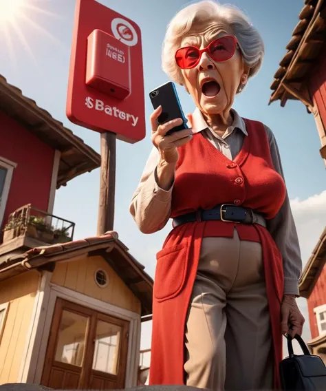 (low angle:1.3) photograph of an old lady is angry at people ,screaming in smartphone in front of her, little house,(smartphone (red low battery:1.3) sign:1.1), gangsta pose, big vintage sunglasses, mechanical outfit, light and cables, ultra detailed face, sunset hour,vertical sky,light,intricate,cinematic