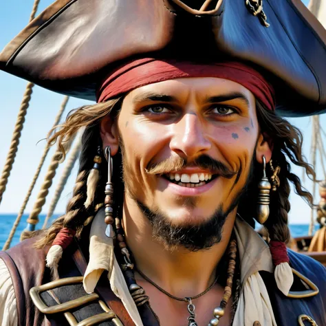 colored closeup of a young Pirate, full of adventure and enthusiasm, 8k, uhd, realistic, detailed skin, insane detailed, award-winning-photo,