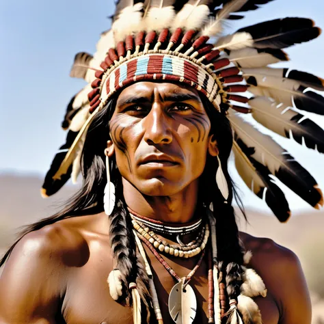 1924 colored closeup of a young Apache Indian war chief, full of adventure and enthusiasm, 8k, uhd, realistic, detailed skin, insane detailed, award-winning-photo,