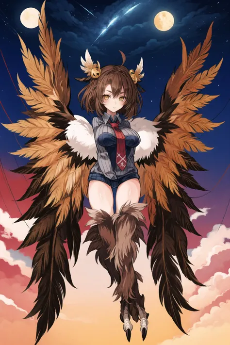 sky, cloud, scenery, outdoors, power lines, utility pole, star (sky), blue sky, cloudy sky, sunset, starry sky ,1girl, fluffy, monster girl, solo, brown hair, winged arms, harpy, wings, looking at viewer, breasts, digitigrade, feathers, blush, sweater, large breasts, full body, talons, short hair, yellow eyes, necktie, ribbed sweater, short eyebrows, between breasts, feathered wings, brown eyes, monsterification
<lora:Huya:0.7> <lora:MamonoMusumeV73-000232:1>, <lora:ç»ä¸½çå
å½±:0.2>,<lora:add_detail:0.35>, <lora:adaptedmodel:0.35>