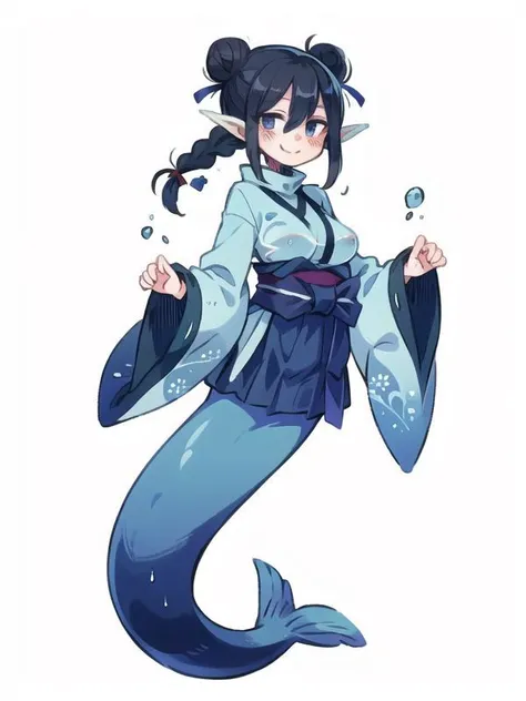 [Unagi Joro], 1girl, solo, monster girl, wide sleeves, mole under eye, smile, head fins, breasts, mole, navel, black hair, full body, large breasts, single hair bun, looking at viewer, hair bun, mermaid, sidelocks, blush, french braid, long sleeves, fins, wet, taut clothes, braid, hair between eyes, skirt, pleated skirt, ribbon, japanese clothes, bangs, turtleneck, miniskirt, covered nipples, light smile, sleeves past wrists, pelvic curtain, midriff, scales, neck ribbon, sash , <lora:MamonoMusume_V73:1>