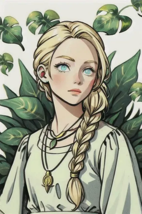 Woman, blonde, braid, cotte, celest eyes, leaf necklace