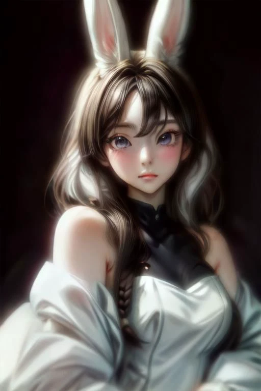 ultra detailed, beautiful and aesthetic, masterpiece, best quality, perfect hands,
{{bunny girl}} in her 20s with long hair and with white bunny ears, upper body + ears, dark background