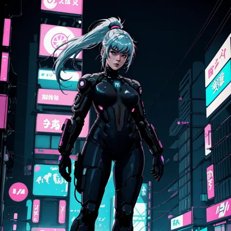 cyberpunk girl, ghost in the shell, sci-fi, full body, ponytail, face camera, detailed background, neon tokyo, shot from below, action pose, hires,good eyes