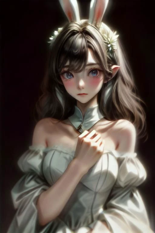 ultra detailed, beautiful and aesthetic, masterpiece, best quality, perfect hands,
{{bunny girl}} in her 20s with long hair and with white bunny ears, upper body + ears, dark background