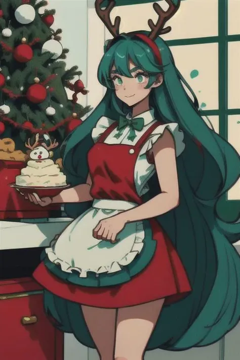Girl baking cookies wearing a minimlist tight red minidress with reindeer antlers and an apron covered in flour and green chuck taylors the dress is form fitting and she has very long flowing teal hair highlighted hair and is In a room with green and red christmas cookies