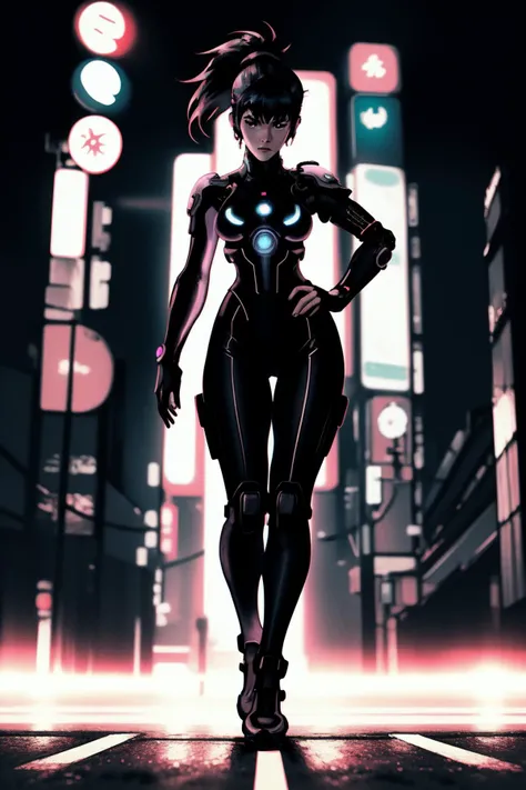 cyberpunk girl, ghost in the shell, sci fi, full body, ponytail, turned to camera, detailed background, neon tokyo, shot from below, action pose