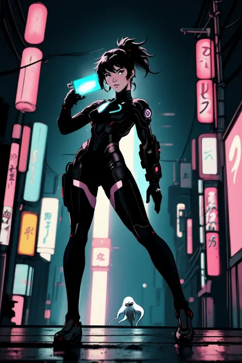 cyberpunk girl, ghost in the shell, sci fi, full body, ponytail, anime eyes, turned to camera, detailed background, neon tokyo, shot from below, action pose