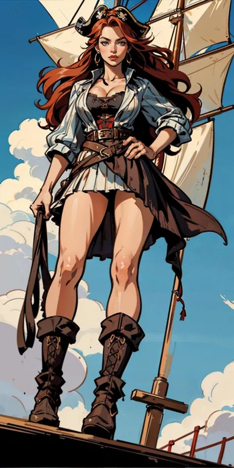 1woman pirate redhead waterfall braid
pirate costume cleavage vertical_stripes skirt
(action pose) full_body from_below wide_angle walking
clouds ship_mast railing ropes detailed_background