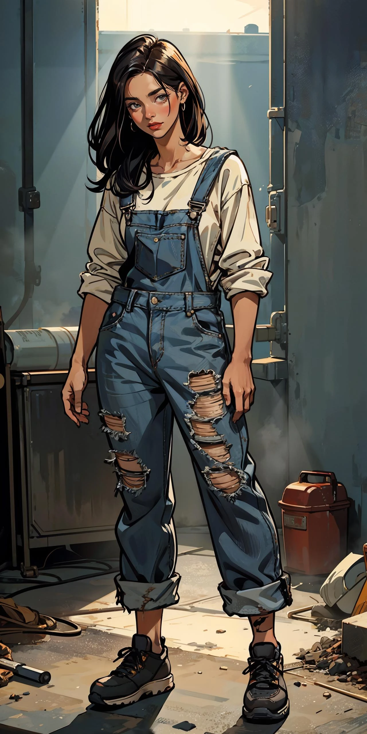 1woman miner
overalls (open clothing) denim flannel slouchie sneakers
(action pose) full_body
dirty dusty atmosphere (crepuscular rays)