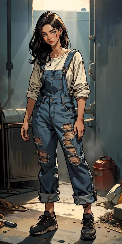 1woman miner 
overalls (open clothing) denim flannel slouchie sneakers
(action pose) full_body
dirty dusty atmosphere (crepuscular rays)