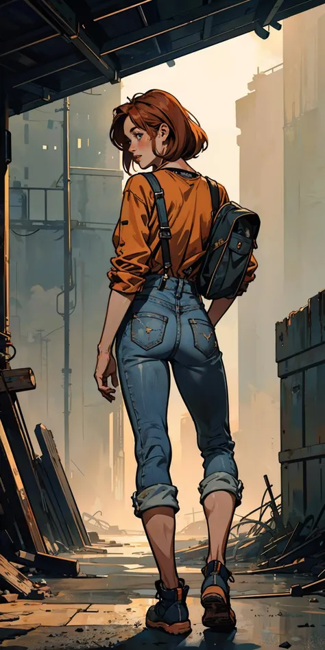 1woman miner redhead
overalls (open clothing) denim flannel slouchie sneakers
(action pose) full_body from_behind from_below medium_shot walking
dirty dusty atmosphere (crepuscular rays)