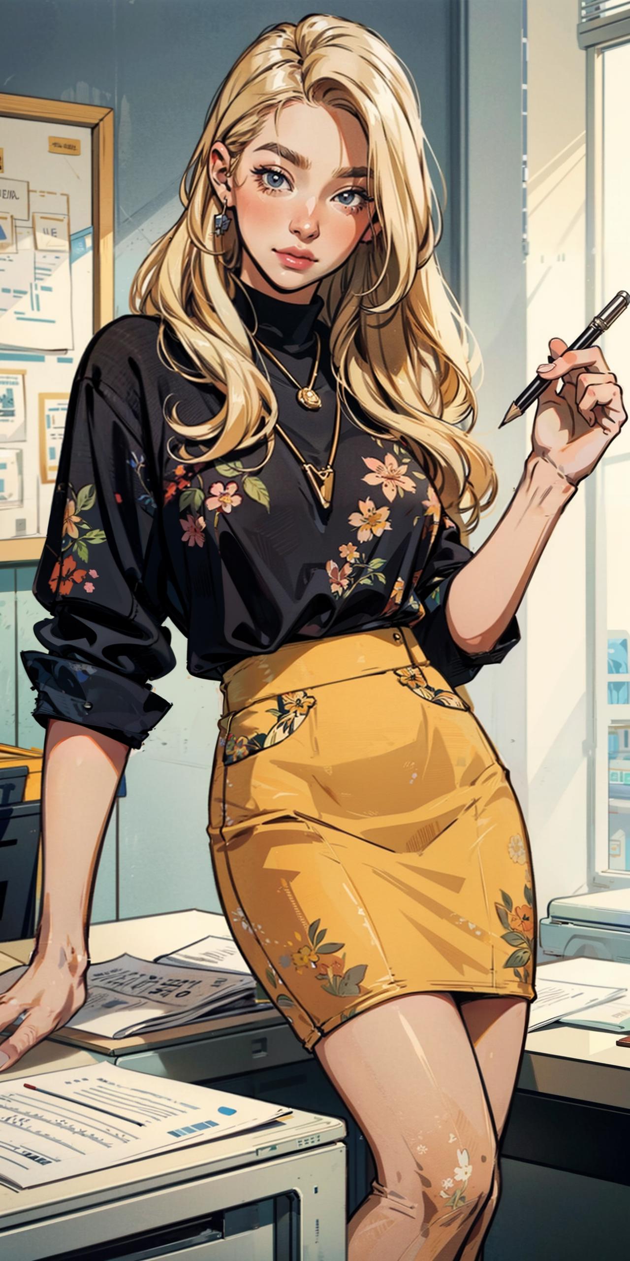 A woman in a skirt and blouse holding a cell phone - SeaArt AI