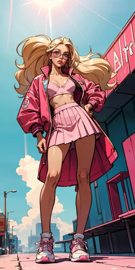 1woman fashionista blonde long_hair
bright pink modern jacket skirt bra open clothes barette shades sneakers
(action pose) full_body from_below wide_angle walking
bar bright atmosphere (crepuscular rays)