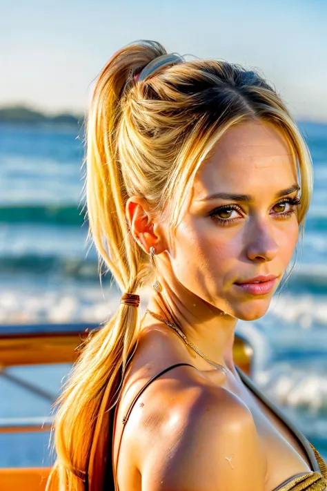 a European  girl, ,blue eyes, Blonde both side ponytails,navel,cleavage, sweaty, wet,looking at camera, white sleeveless shirt,navel,white short pant,holding pistol,standing,smile, summer Weather,black belt