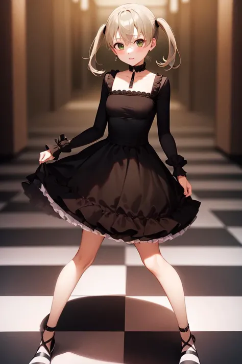 masterpiece, best_quality, 1girl, solo, maka albarn, soul eater, twintails, black dress, dark room, checkered floor, piano, dark, green eyes,