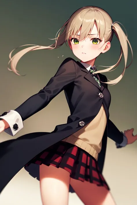 masterpiece, best_quality, 1girl, solo, maka albarn, soul eater, twintails, black coat, plaid skirt,