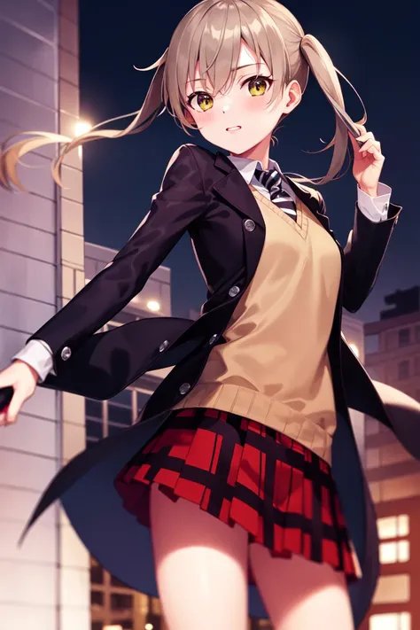 masterpiece, best_quality, 1girl, solo, maka albarn, soul eater, twintails, black coat, plaid skirt, city, night, dark