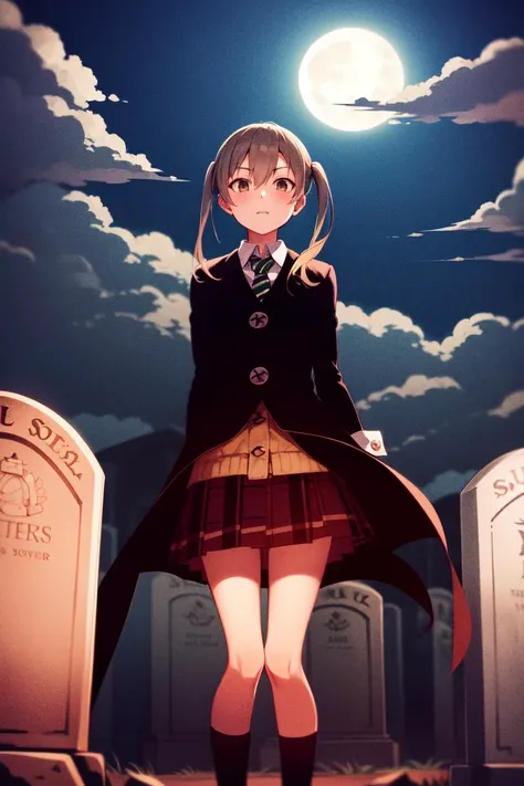 masterpiece, best_quality, 1girl, solo, maka albarn, soul eater, twintails, black coat, plaid skirt, graveyard, tombstone, full moon, night,