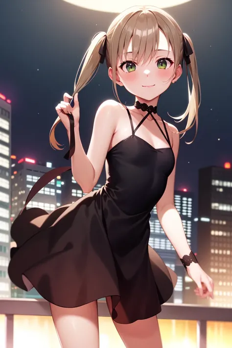 masterpiece, best_quality, 1girl, solo, maka albarn, soul eater, twintails, black dress, city, night,