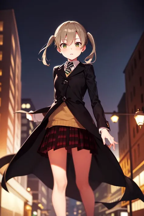 masterpiece, best_quality, 1girl, solo, maka albarn, soul eater, twintails, black coat, plaid skirt, city, night, dark