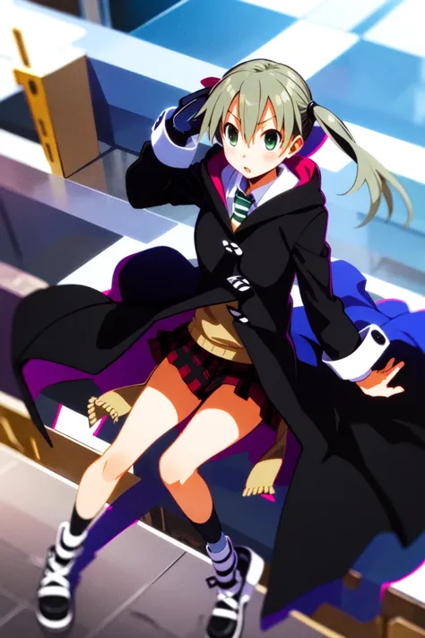 masterpiece, best_quality, 1girl, solo, maka albarn, soul eater, twintails, green eyes, black coat, plaid skirt, harada takehito,