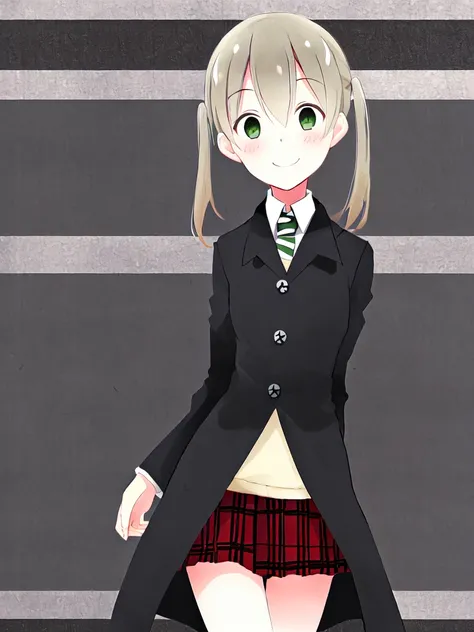 <lora:SakuraVRC:0.5>, SakuraVRC, 1girl, solo, red hair, short hair, green eyes, blush, smile, closed mouth, maka albarn, soul eater, twintails, black coat, plaid skirt, <lora:makaAlbarn_makaV1:0.7>