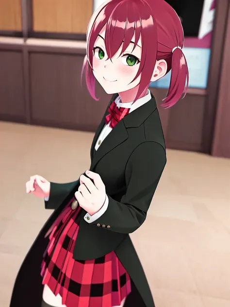 <lora:SakuraVRC:0.6>, SakuraVRC, masterpiece, best quality, depth of field, 1girl, red hair, short hair, green eyes, blush, smile, closed mouth, maka albarn, soul eater, twintails, black coat, plaid skirt, <lora:makaAlbarn_makaV1:0.4>
