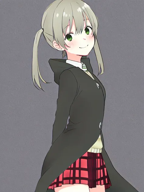 <lora:SakuraVRC:0.5>, SakuraVRC, 1girl, solo, red hair, short hair, green eyes, blush, smile, closed mouth, maka albarn, soul eater, twintails, black coat, plaid skirt, <lora:makaAlbarn_makaV1:0.7>