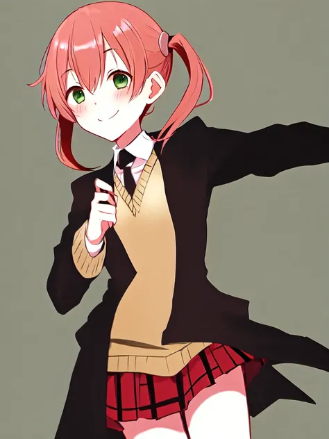 <lora:SakuraVRC:0.5>, SakuraVRC, 1girl, solo, red hair, short hair, green eyes, blush, smile, closed mouth, maka albarn, soul eater, twintails, black coat, plaid skirt, <lora:makaAlbarn_makaV1:0.7>