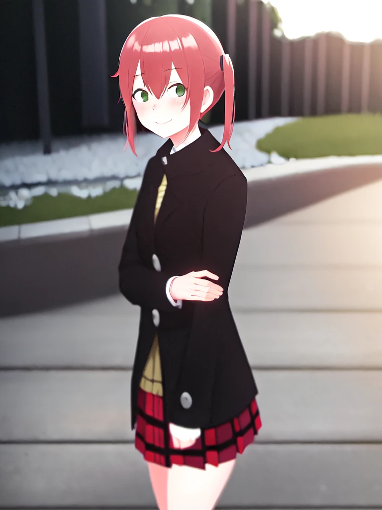 <lora:SakuraVRC:0.6>, SakuraVRC, masterpiece, best quality, depth of field, 1girl, red hair, short hair, green eyes, blush, smile, closed mouth, maka albarn, soul eater, twintails, black coat, plaid skirt, <lora:makaAlbarn_makaV1:0.6>