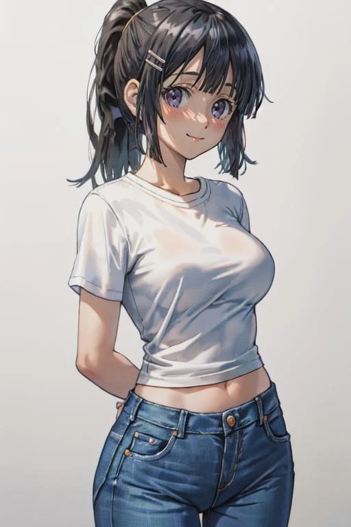 1girl, solo, shirt, pants, denim, chitanda eru, purple eyes, artist logo, jeans, breasts, long hair, white shirt, smile, ponytail, black hair, looking at viewer, bangs, white background, short sleeves, midriff peek, simple background, cowboy shot, arms behind back, closed mouth, blush, hair ornament, medium breasts, alternate costume, standing, large breasts, shadow, sidelocks, blue pants, t-shirt, signature, blunt bangs, alternate hairstyle, shirt tucked in