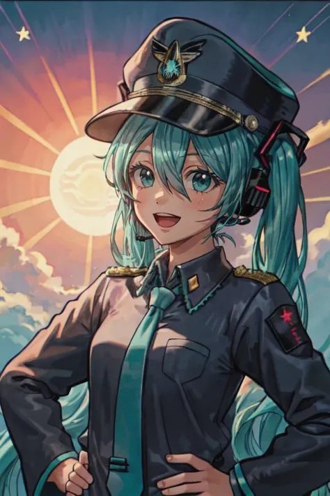 1girl,hatsune miku,solo,salute,long hair,military,twintails,necktie,military uniform,hat,uniform,sunburst,aqua eyes,sunburst background,smile,aqua hair,open mouth,military hat,hand on hip,black necktie,peaked cap,very long hair,upper body,shirt,rising sun flag,star (symbol),long sleeves,jacket,hair between eyes,collared shirt,buttons,white shirt,black jacket,:d,bangs,headphones,military jacket,black headwear,blue eyes,hair ornament,