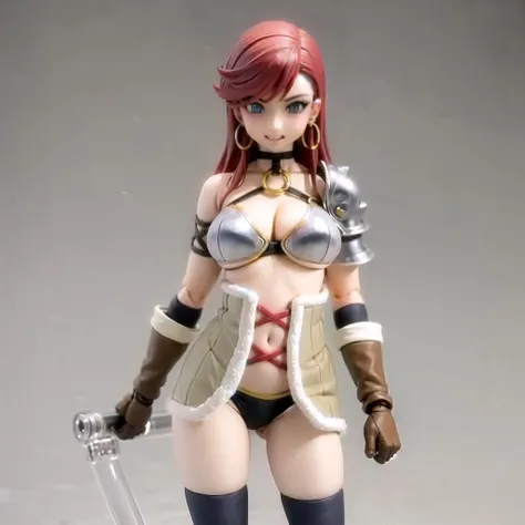 <lora:femalewarrior_isekaiyarisaa_v1b(outall_sv10_finetune_diff):1> <lora:st_figma_1024px_adamw8bit-1e-3_dim-8_alpha-8:1> femalewarrior_olis, 1girl, solo, red hair, long hair, green eyes, huge breasts, earrings, choker, o-ring, shoulder armor, armlet, bikini armor, underboob, corset, gloves, black panties, over-kneehighs