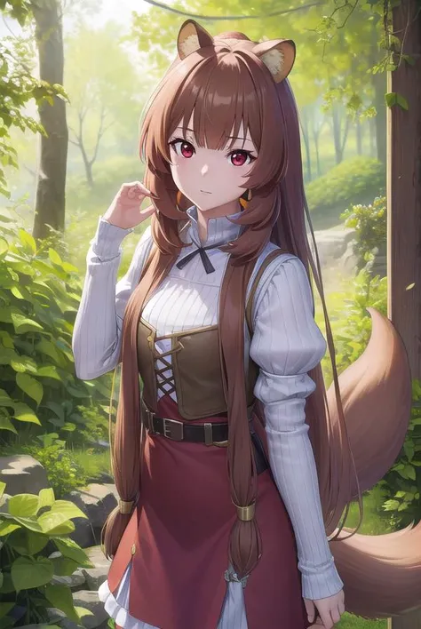 Pretty girl, with a very serious face, wearing a white t-shirt, with her light brown fur, with long hair, light brown hair, furry style, dog ears, furry face, full body, showing legs, holding a wooden sword