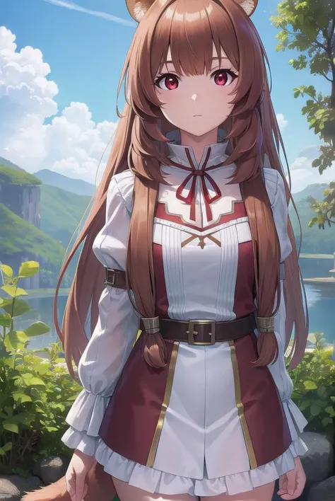raphtalia, <lyco:raphtalia-lyco-nochekaiser:1>,
raphtalia, animal ears, brown hair, long hair, raccoon ears, raccoon girl, raccoon tail, (red eyes:1.5), tail,
BREAK arm garter, belt, brown belt, brown dress, dress, juliet sleeves, long sleeves, puffy sleeves, short dress,
BREAK looking at viewer,
BREAK outdoors, forest, nature, sun, sky, (cowboy shot:1.5),
BREAK <lyco:GoodHands-beta2:1>, (masterpiece:1.2), best quality, high resolution, unity 8k wallpaper, (illustration:0.8), (beautiful detailed eyes:1.6), extremely detailed face, perfect lighting, extremely detailed CG, (perfect hands, perfect anatomy),