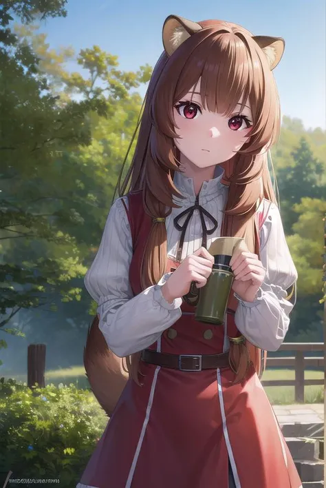 raphtalia, <lyco:raphtalia-lyco-nochekaiser:1>,
raphtalia, animal ears, brown hair, long hair, raccoon ears, raccoon girl, raccoon tail, (red eyes:1.5), tail,
BREAK arm garter, belt, brown belt, brown dress, dress, juliet sleeves, long sleeves, puffy sleeves, short dress,
BREAK looking at viewer,
BREAK outdoors, forest, nature, sun, sky, (cowboy shot:1.5),
BREAK <lyco:GoodHands-beta2:1>, (masterpiece:1.2), best quality, high resolution, unity 8k wallpaper, (illustration:0.8), (beautiful detailed eyes:1.6), extremely detailed face, perfect lighting, extremely detailed CG, (perfect hands, perfect anatomy),